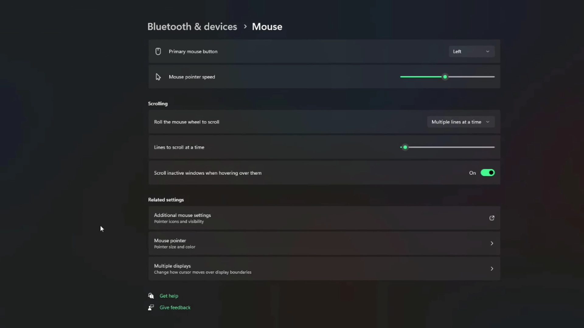 Windows 11 mouse settings displaying pointer speed, scrolling, and related controls