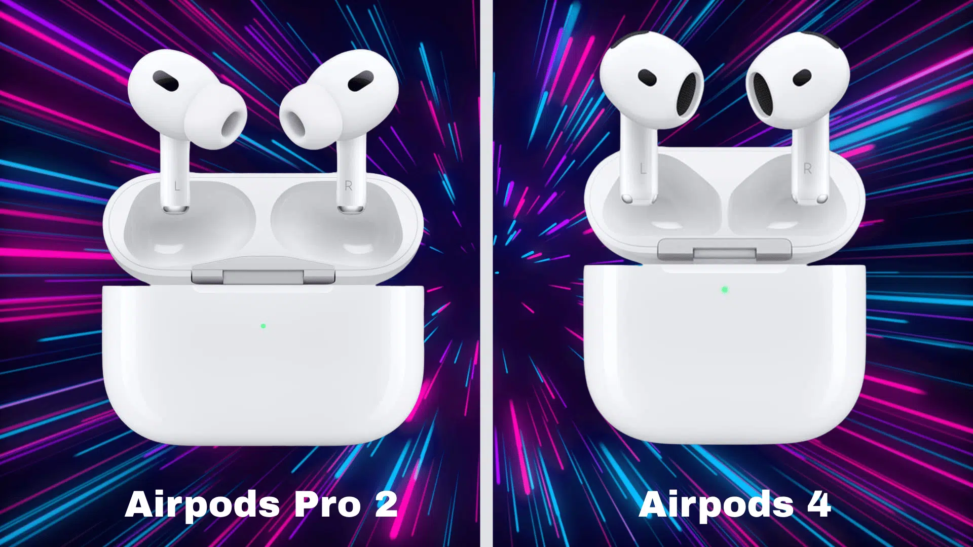 airpods pro 2 and airpods 4 displayed in open charging cases against a digital background