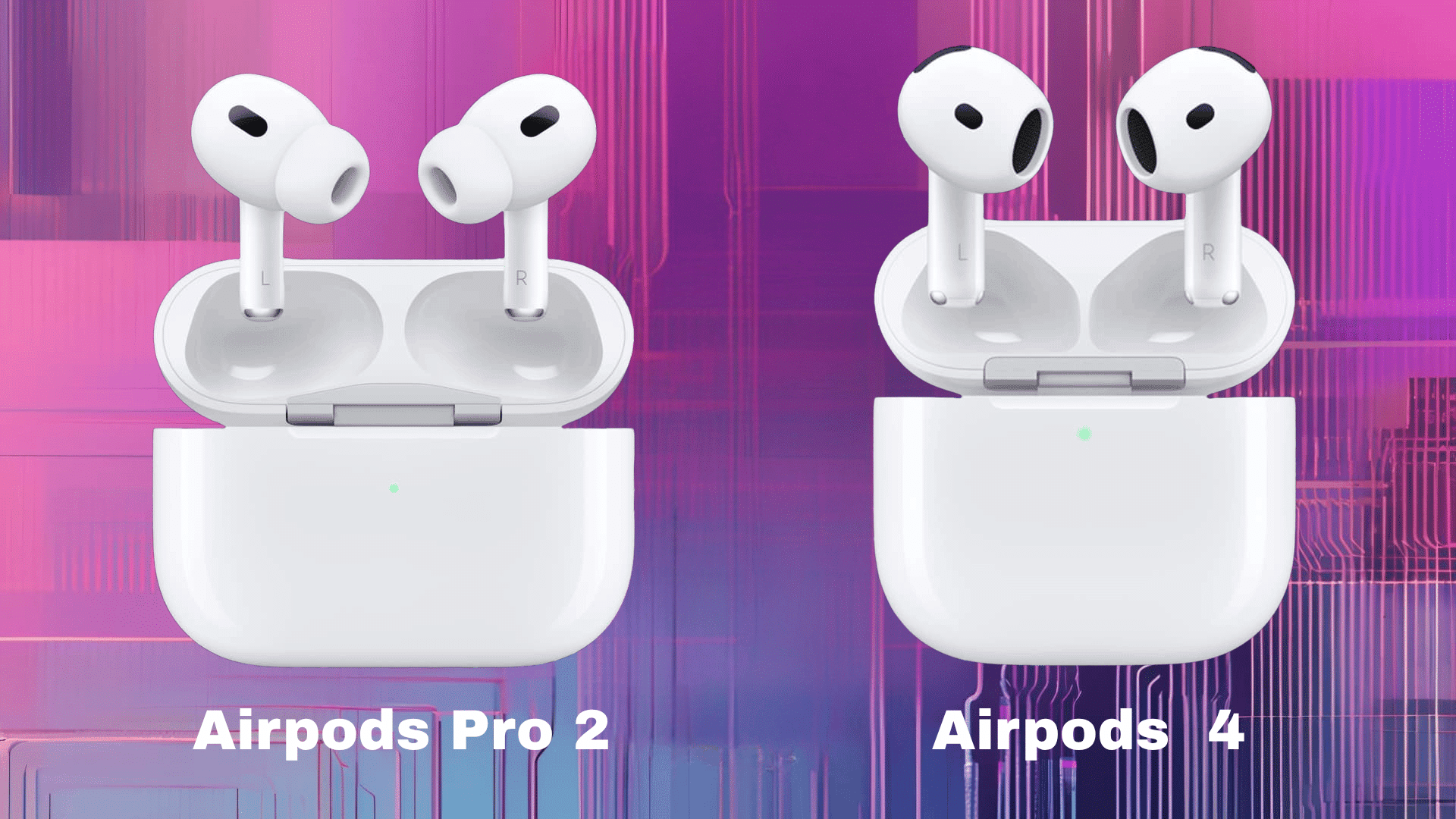 airpods pro 2 and airpods 4 shown side by side each displayed in their open charging case
