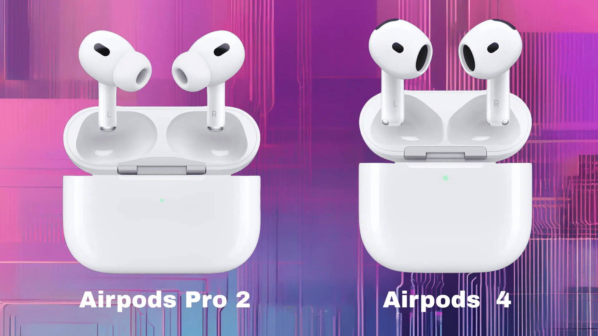 airpods pro 2 and airpods 4 shown side by side each displayed in their open charging case