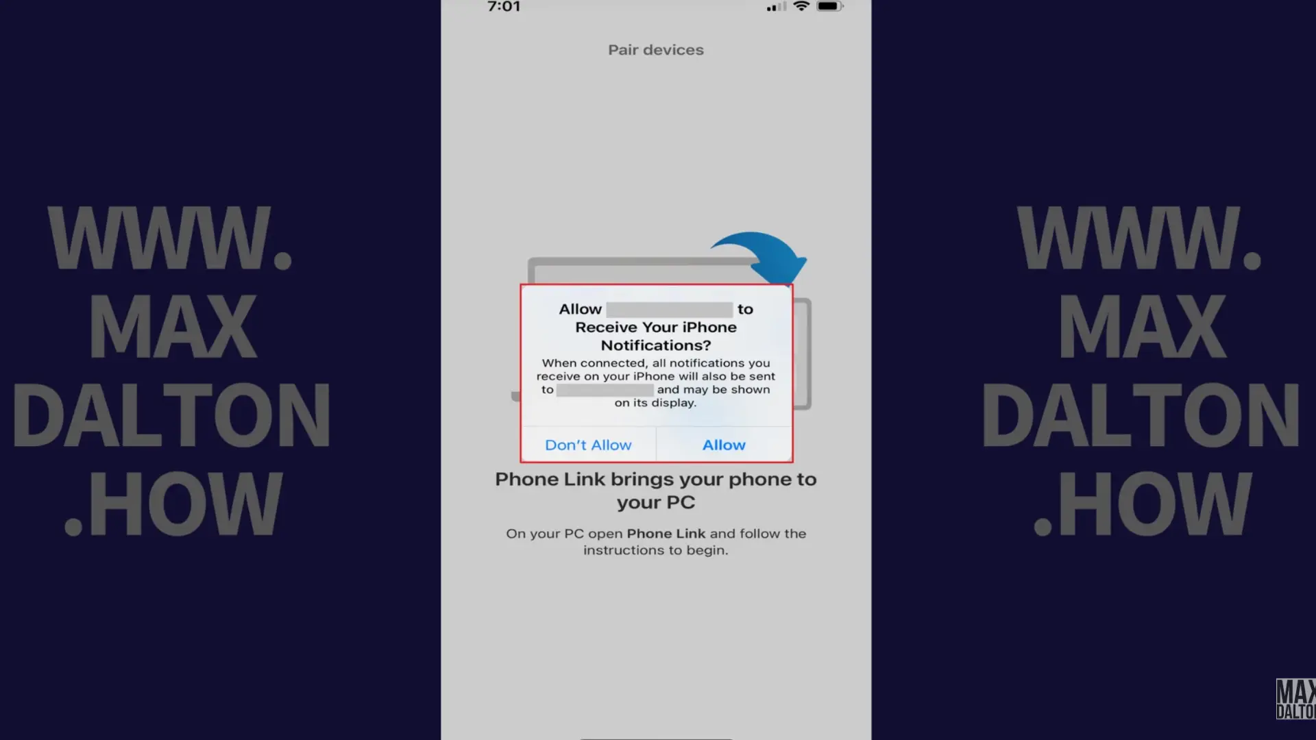 iPhone permission prompt asking to allow the Windows computer to receive notifications through the Phone Link Bluetooth pairing connection