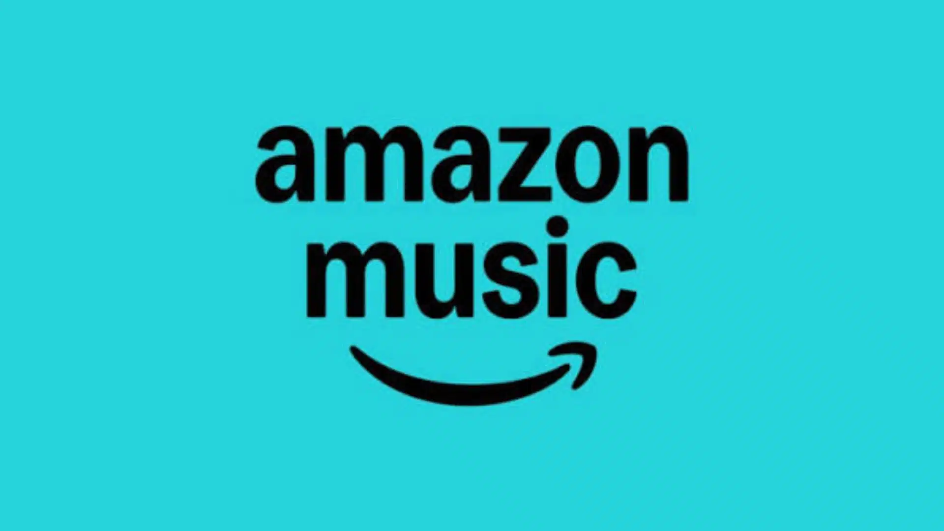 Amazon Music logo on a turquoise background with black text and smile icon.