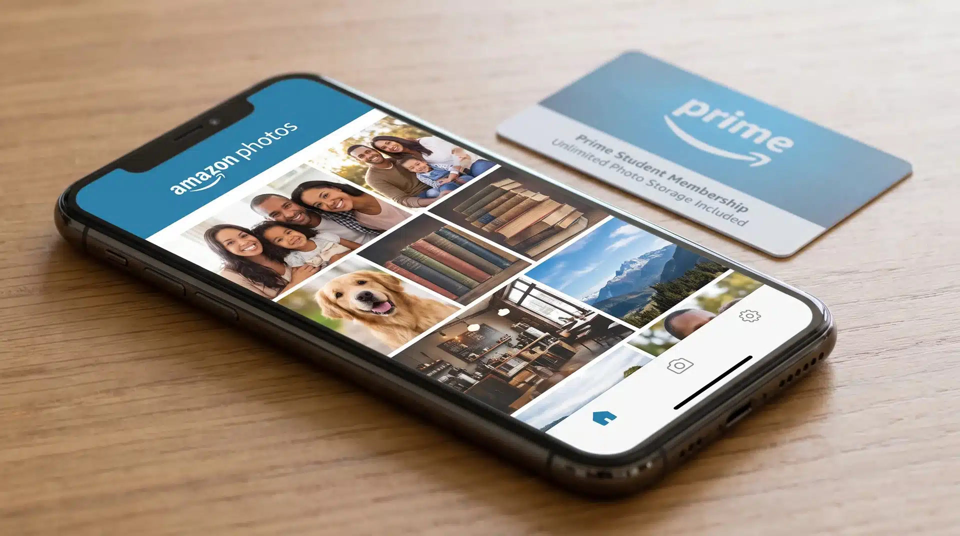 Smartphone showing Amazon Photos gallery with diverse images of people, pets, books, and cafes, alongside an Amazon Prime membership reference