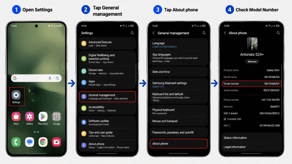 Samsung phone settings steps to find the model number.