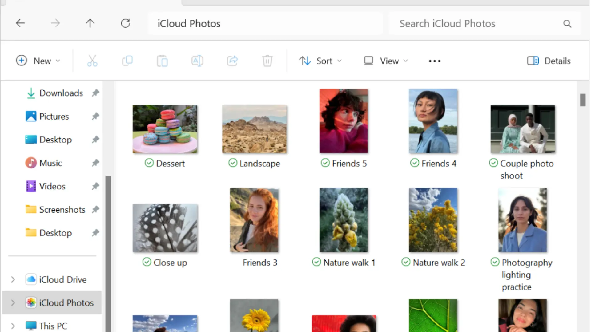 file explorer window displaying an i cloud photos folder with image thumbnails labeled dessert, landscape, friends, and nature walk