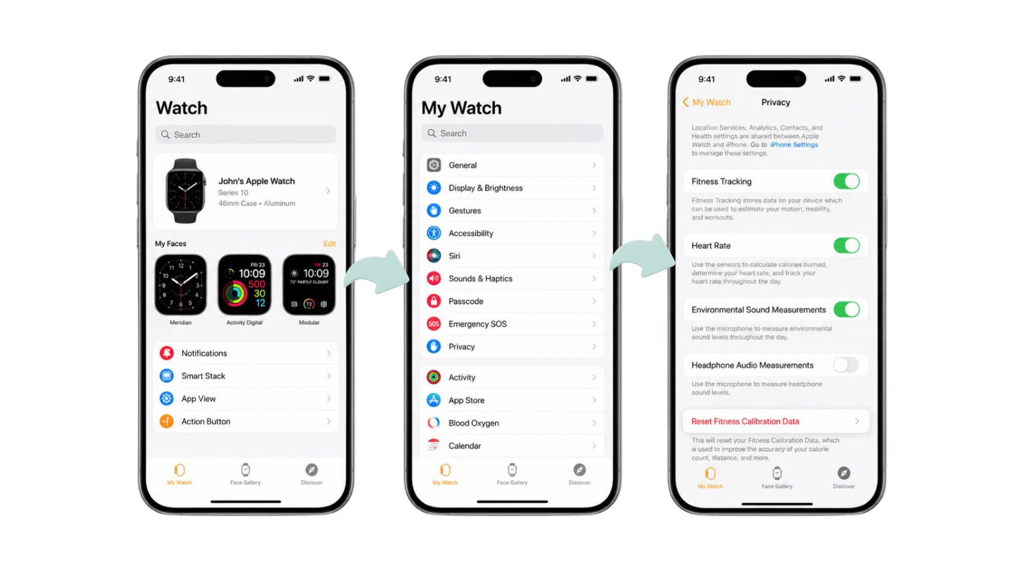 apple screen middle showing similar settings interface one by one in 3 screens for watch calibration reset (1)