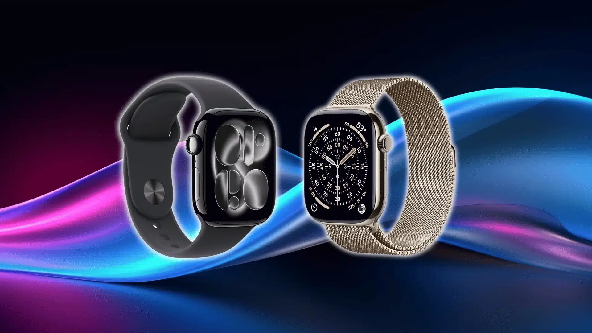 Two Apple Watches with aluminium and titanium-style cases and different bands shown side by side.