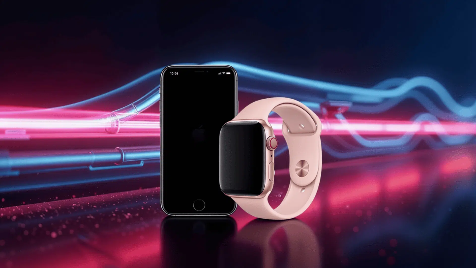 apple watch screen and smartwatch displayed on a bright neon background with modern tech style lighting