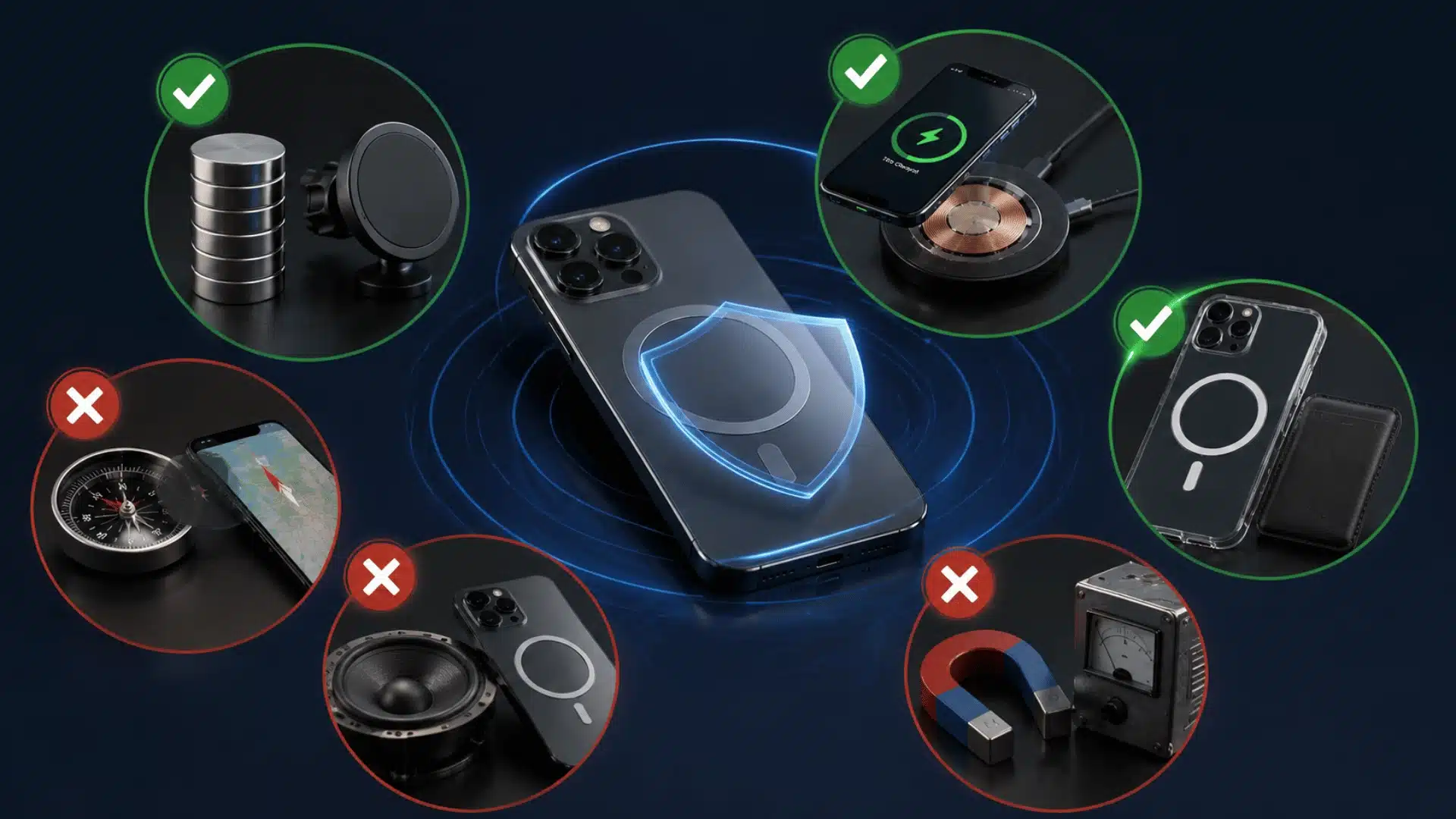 Smartphone with magnetic accessories, charger, compass, magnets, and speaker components arranged around it
