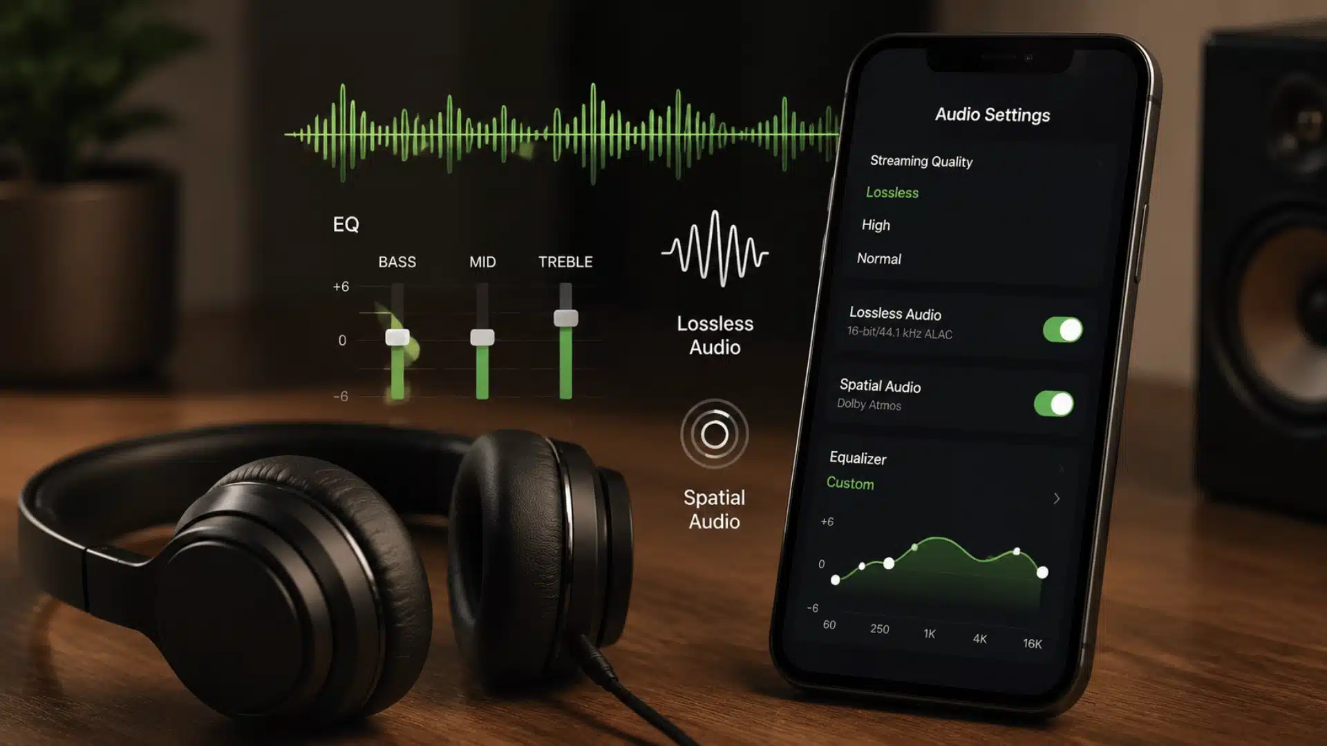 Headphones and smartphone showing audio settings with lossless streaming and equalizer controls.