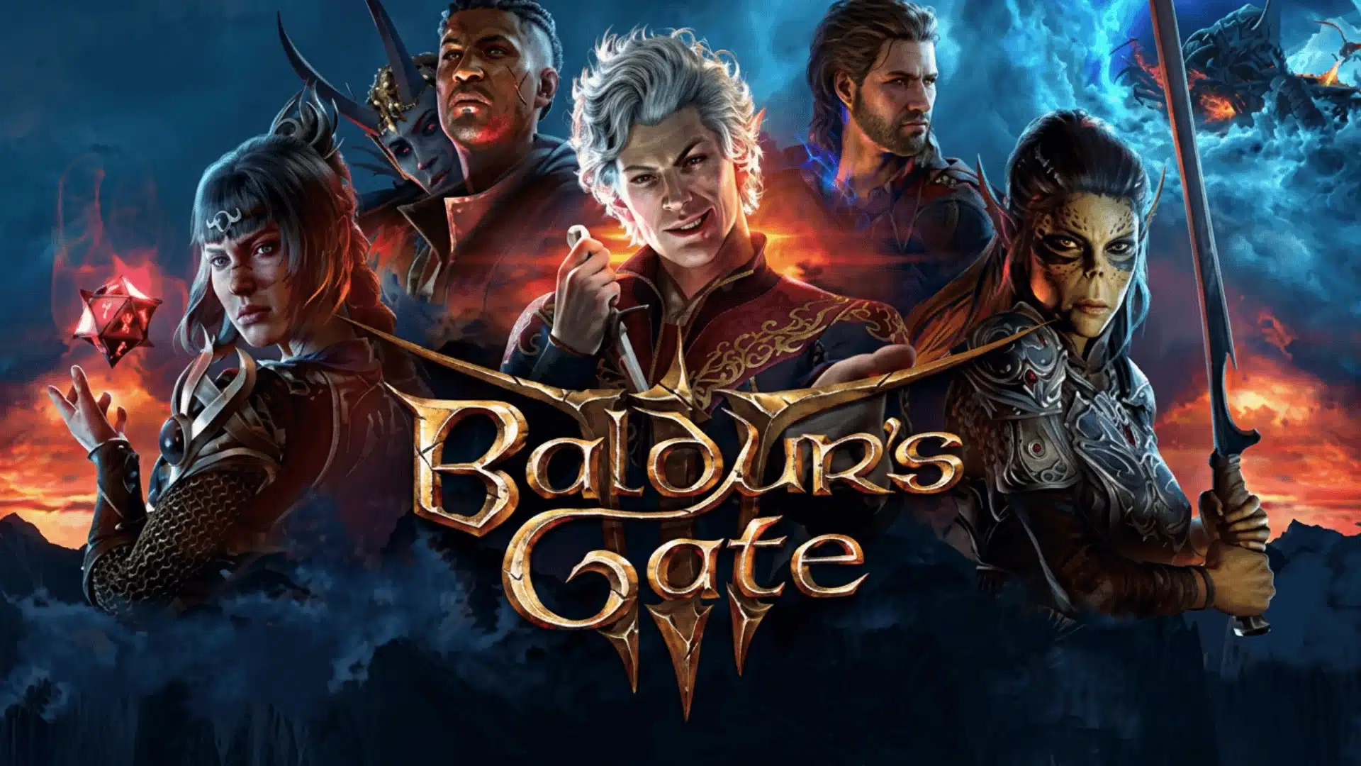 Five fantasy characters pose against a fiery blue-and-orange sky with the Baldur’s Gate 3 logo in the center.