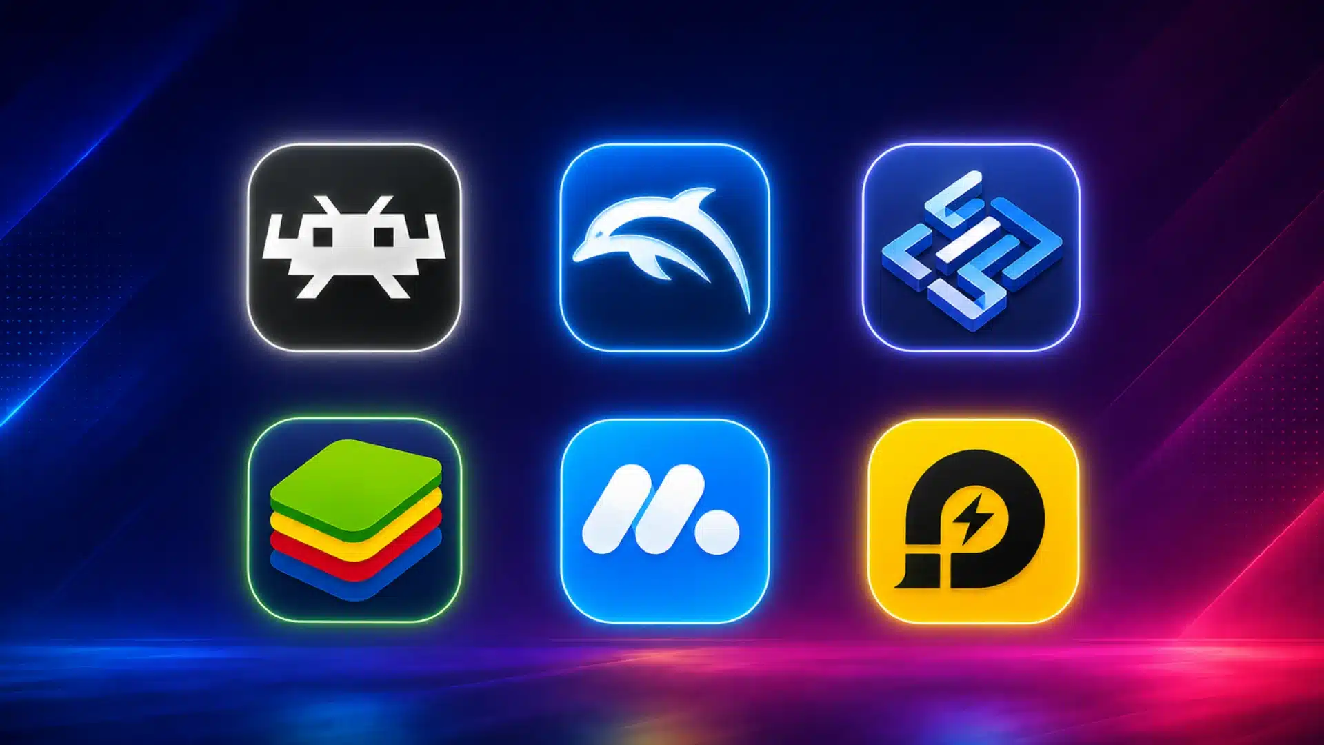 Six emulator app icons displayed on a neon gaming background for Windows PC users