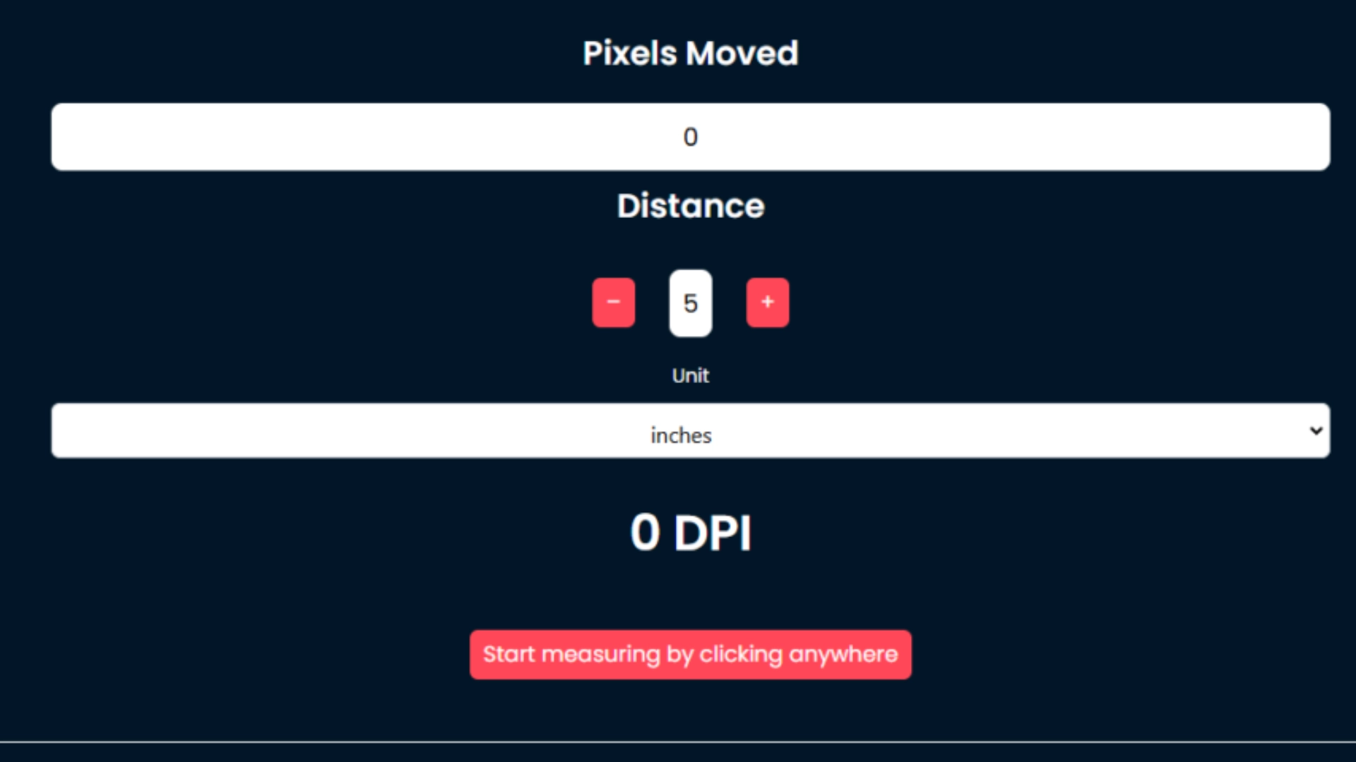 Online mouse DPI analyzer showing pixels moved, distance, units, and DPI result