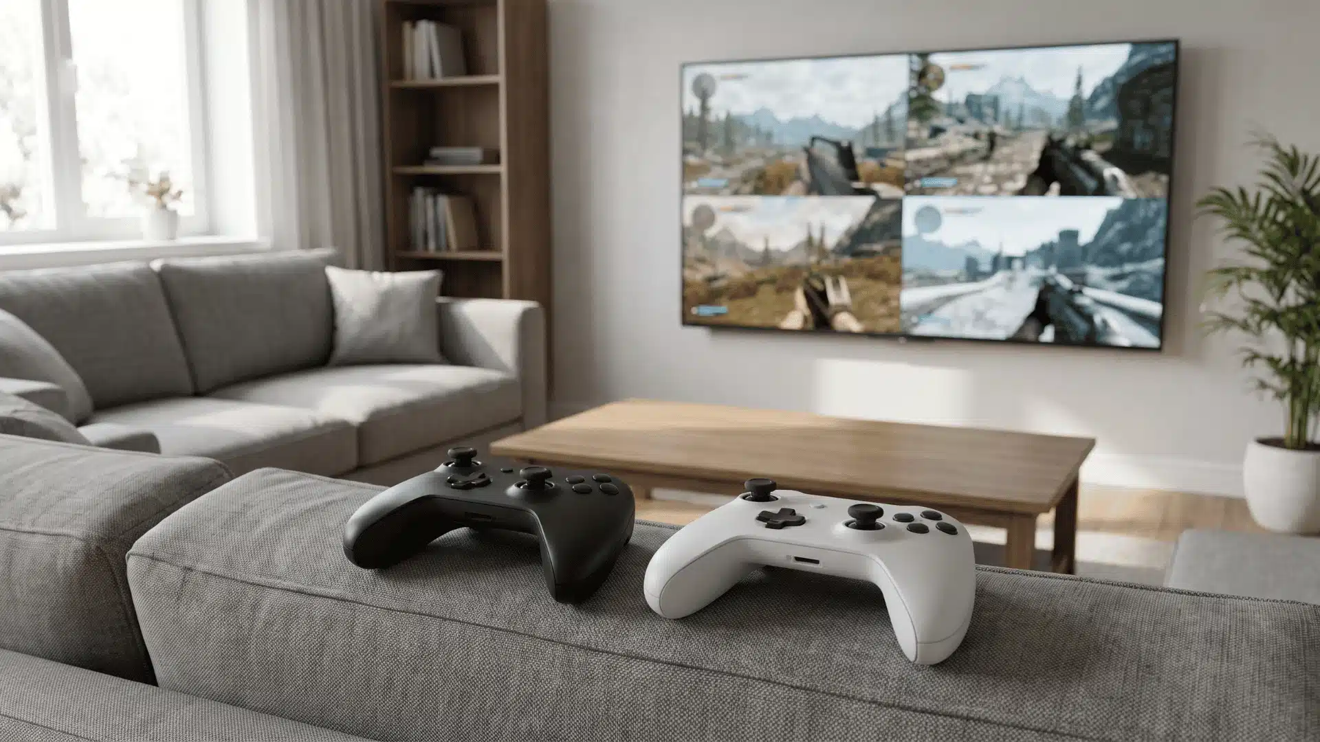 Two wireless controllers facing a large TV displaying a two-player split-screen game.