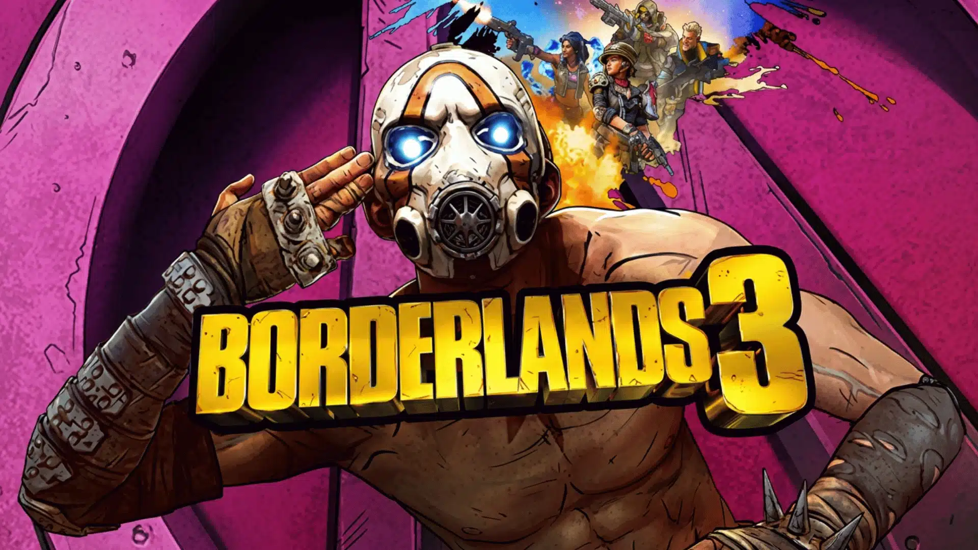 Masked Borderlands 3 character poses against a vivid pink background with armed characters and the game logo.