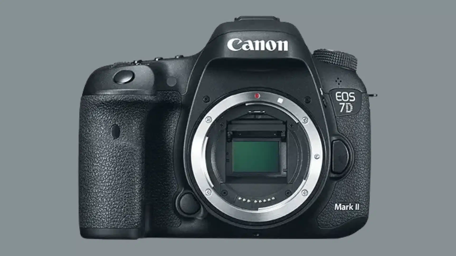 Front view of a black Canon EOS 7D Mark II camera body without a lens, showing the exposed image sensor.