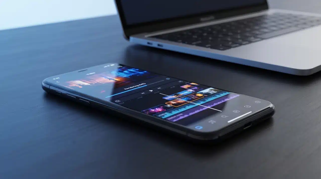 Phone on desk running video editing app next to a laptop