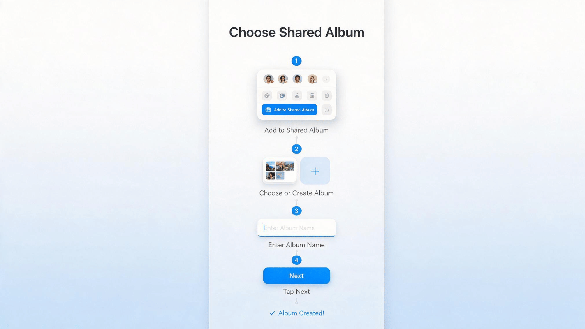 choose or create a shared album add an album name and tap next to save your shared album on iphone