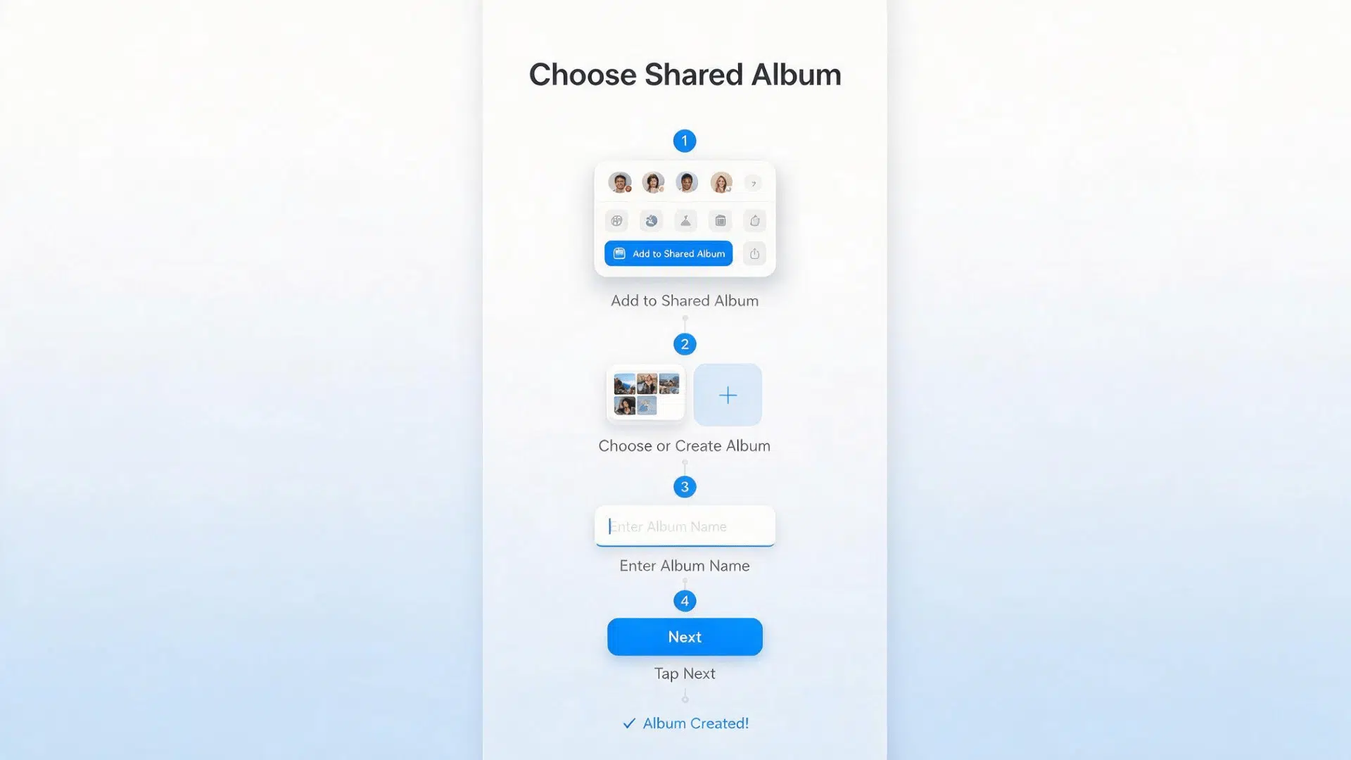 choose or create a shared album add an album name and tap next to save your shared album on iphone