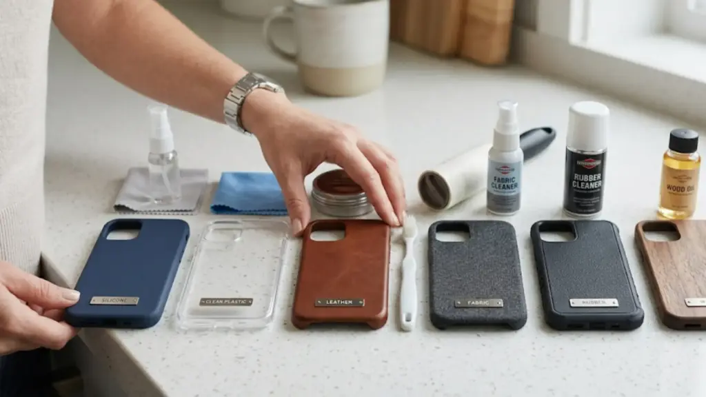 Woman cleaning a brown leather phone case with a toothbrush and soapy water, treating a stubborn stain with a special cleaning agent