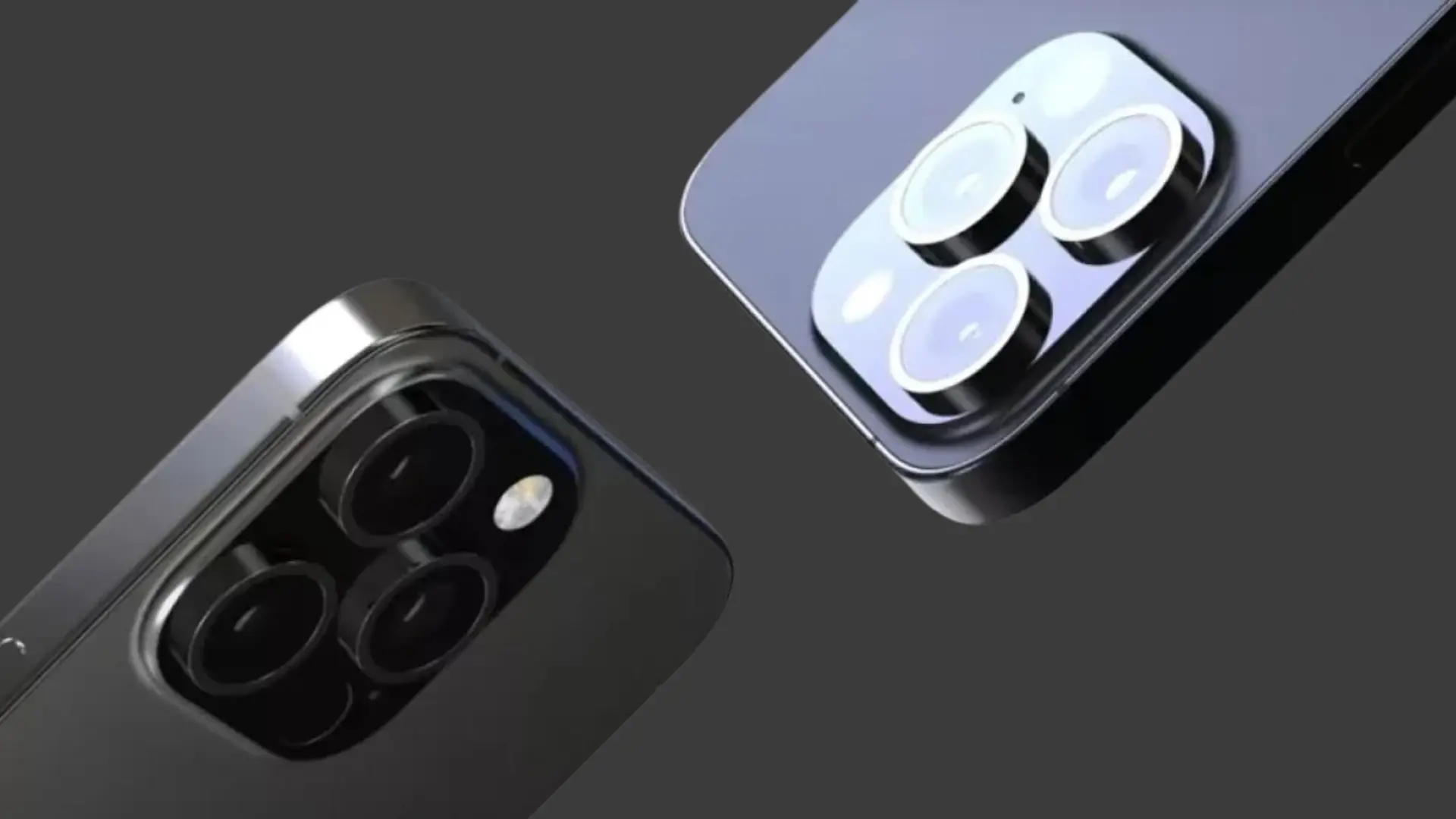 Close up view of two iPhone models showing contrasting triple camera modules on dark and light colored finishes
