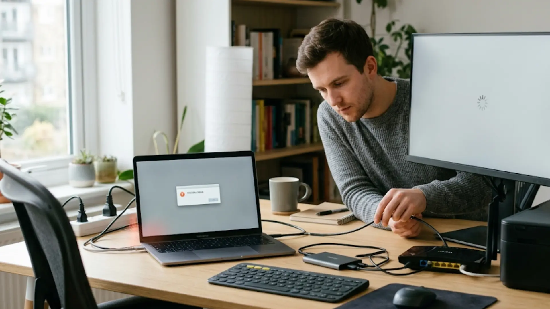 man troubleshoots computer issues at a home desk, connecting cables near a laptop with a system error and a loading monitor