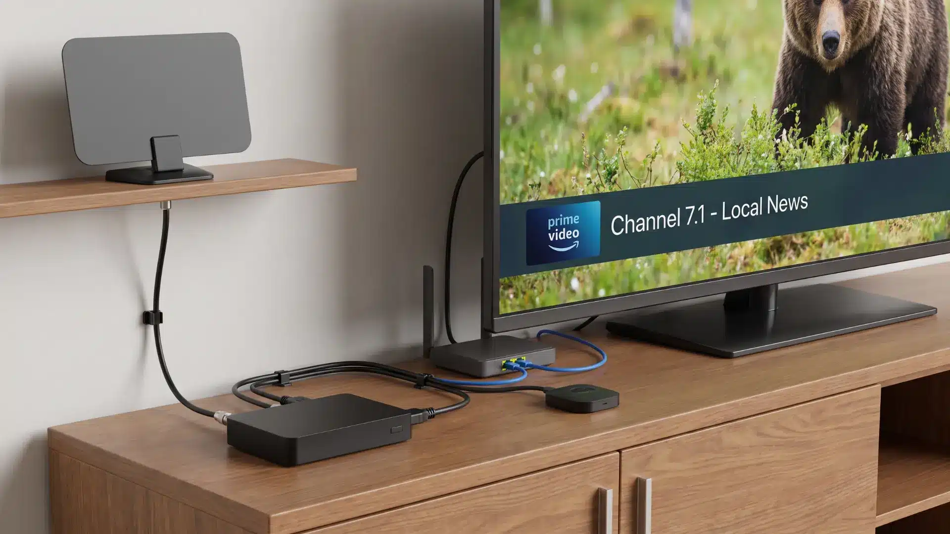 Compact antenna TV tuner connected to a television and indoor antenna for integrated local and streaming channels.