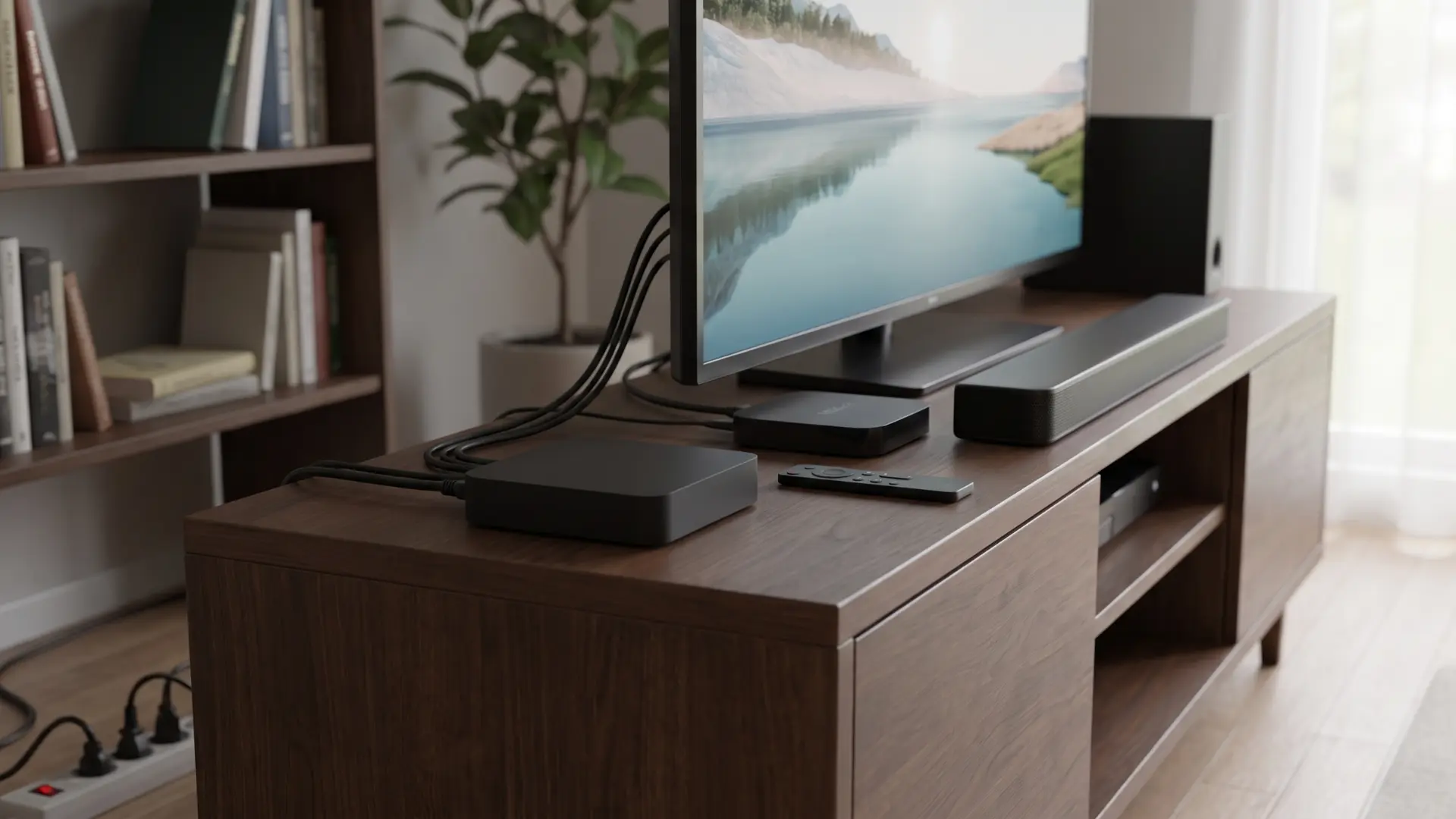 Compact network TV tuner integrated into an organized home television setup.