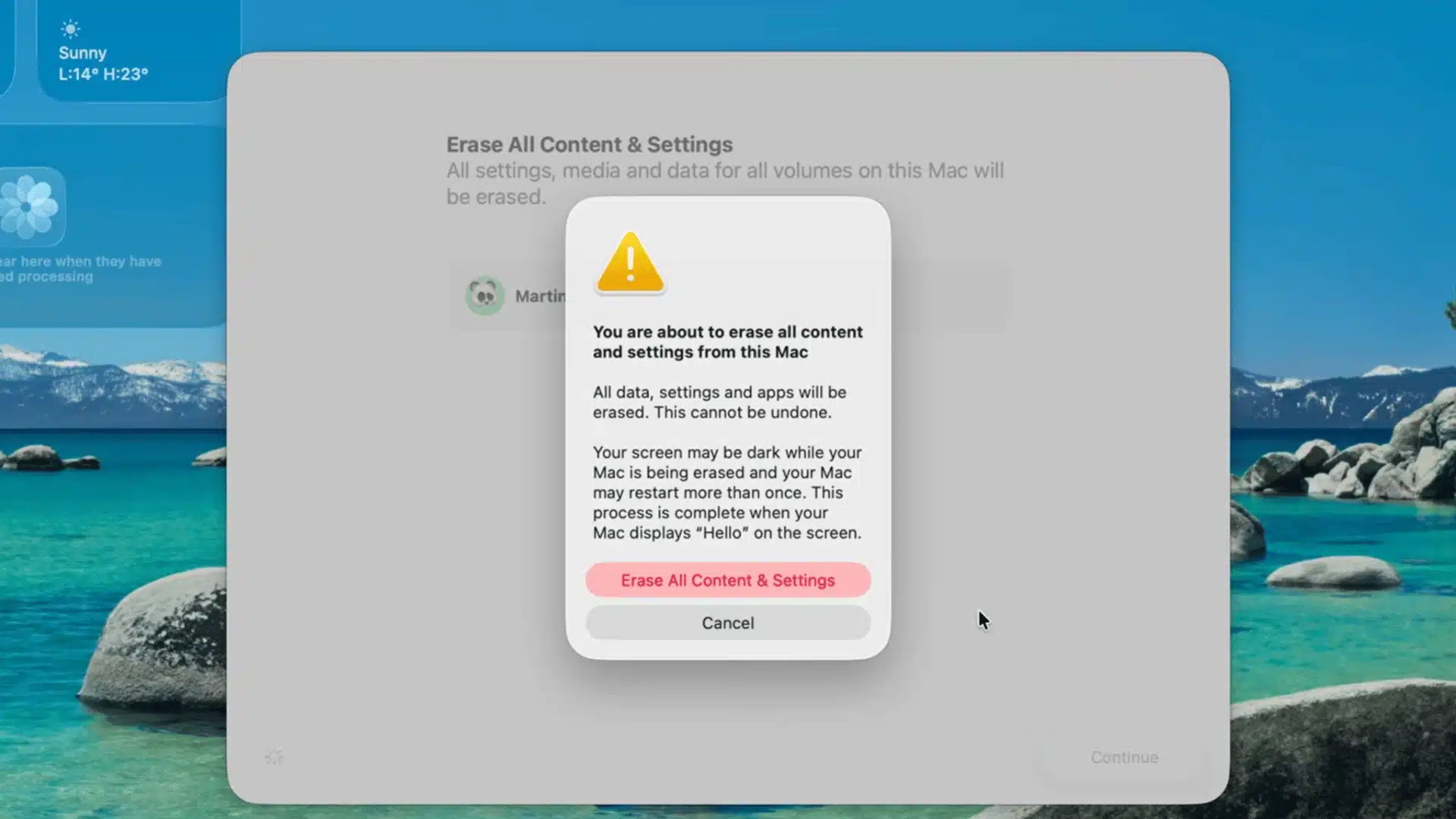 Mac warning screen confirming that all content, settings, apps, and data will be permanently erased