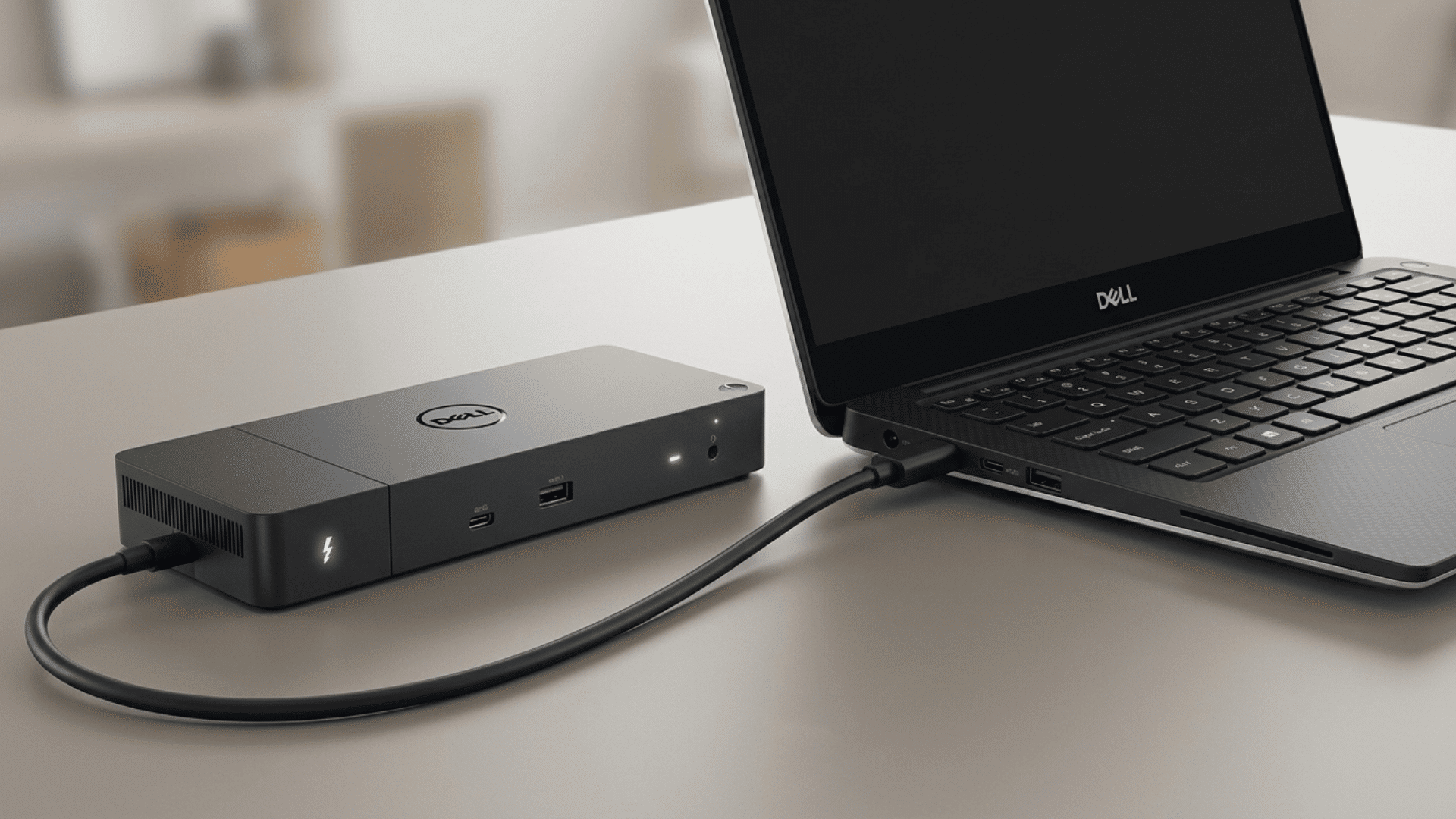 dell laptop connected to a docking station with a monitor showing displayport connection in a clean desk setup