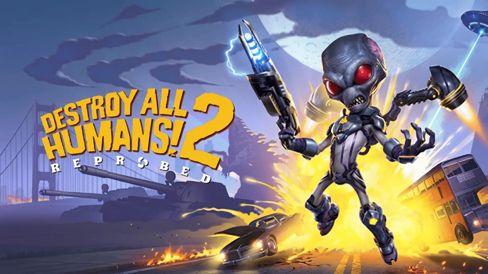 Destroy All Humans! 2 Reprobed cover with an armed alien flying above explosions and city streets.