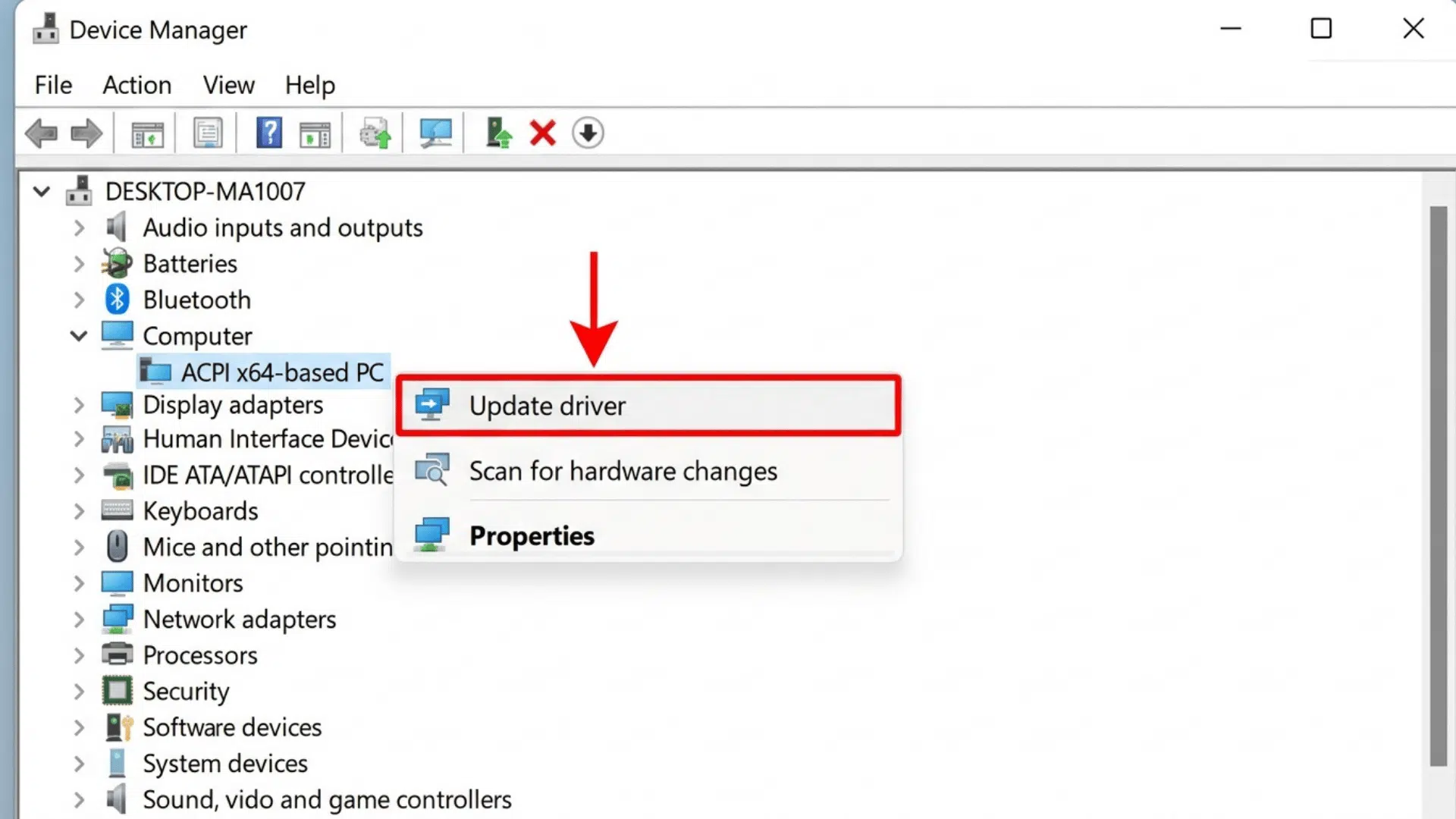 device manager menu with the update driver option highlighted by a red outline and downward arrow
