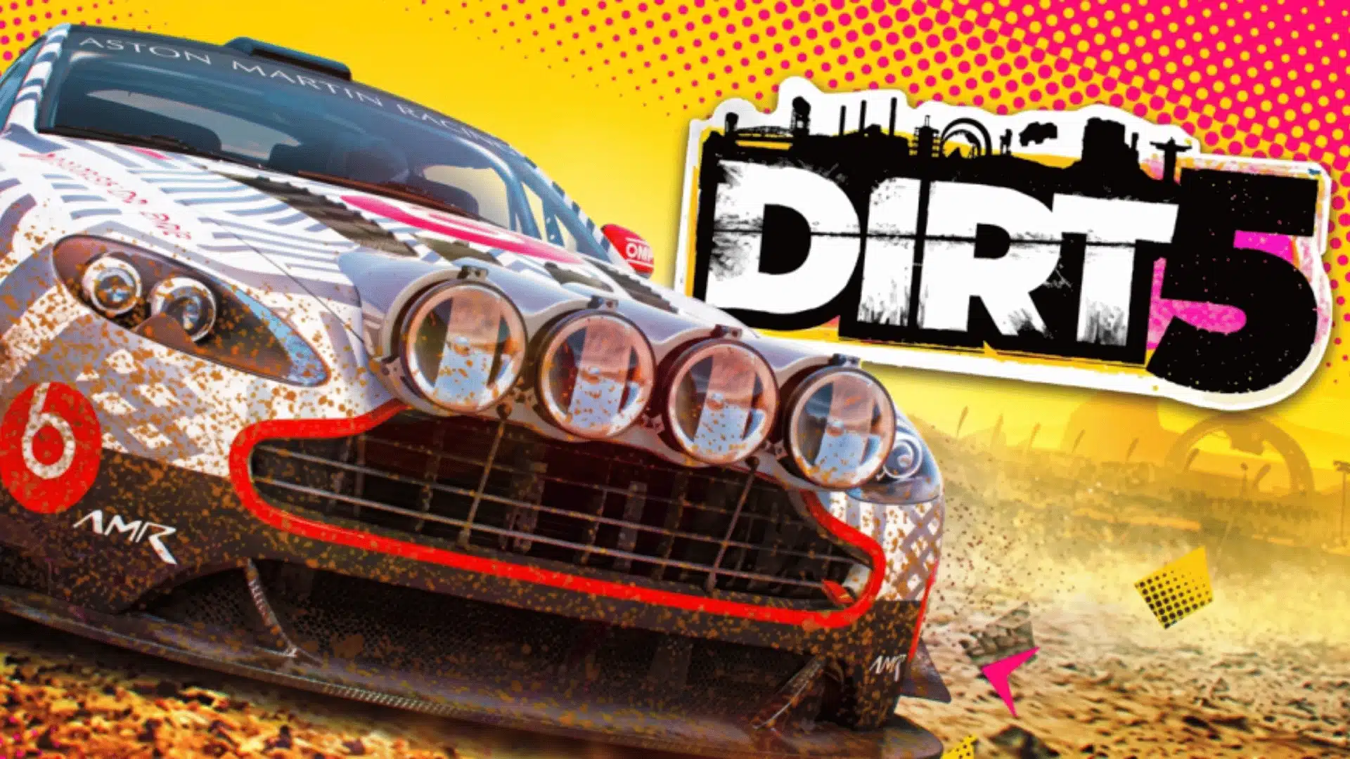 Rally car speeding across a dusty off-road track with the DiRT 5 logo on a bright yellow background.