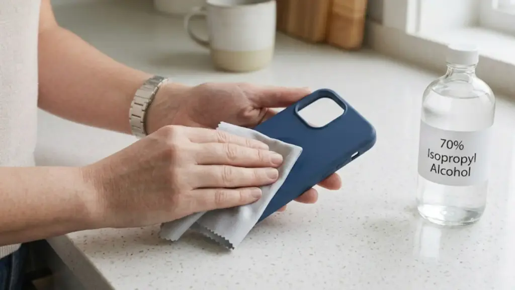Freshly rinsed phone case being dried with a clean microfiber cloth, ensuring corners and button openings are completely moisture-free