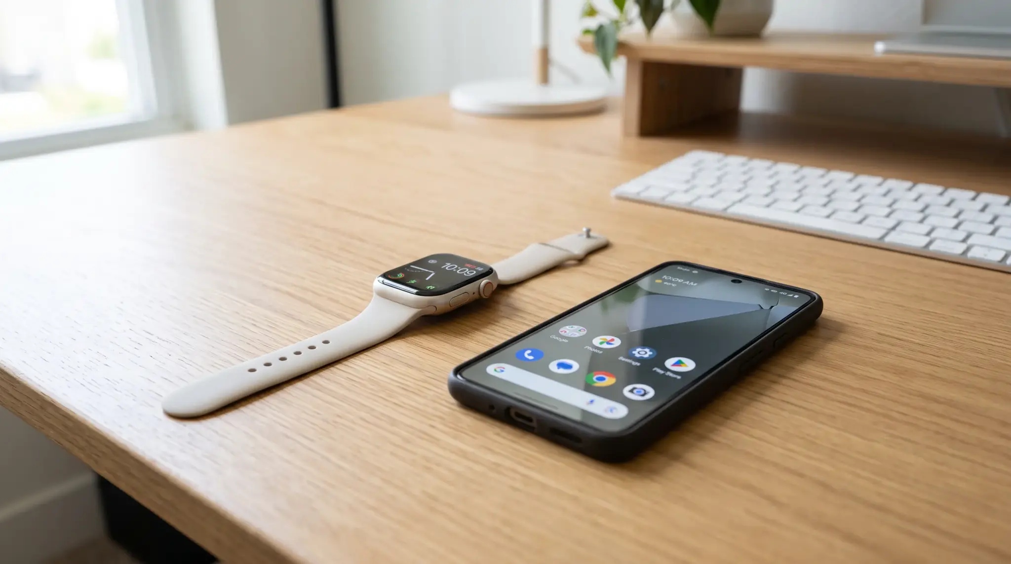 Apple Watch beside an Android phone on a desk showing a compatibility comparison.