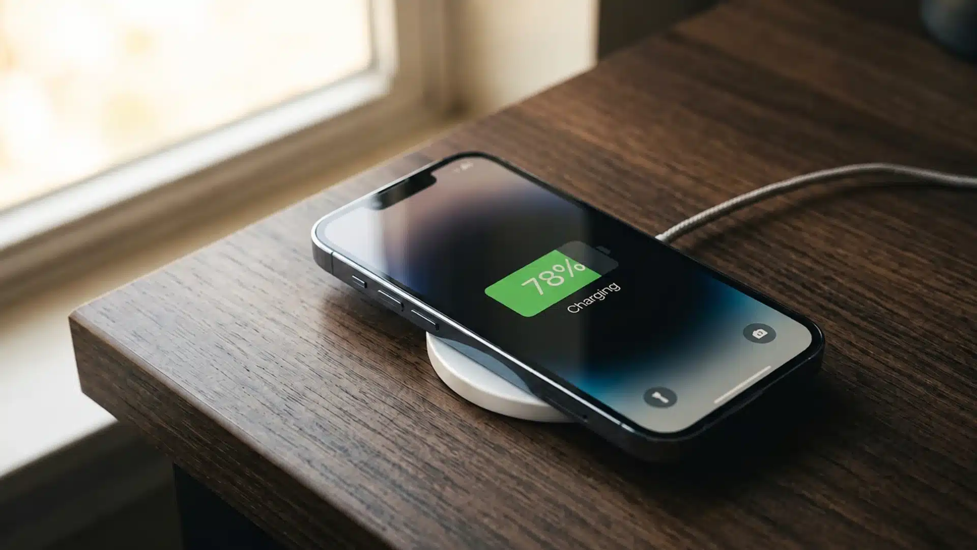 iPhone 14 charging wirelessly on a MagSafe puck placed on a dark wooden desk surface