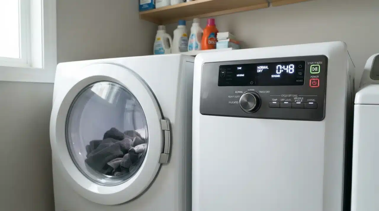 Dryer control panel display and closed door latch