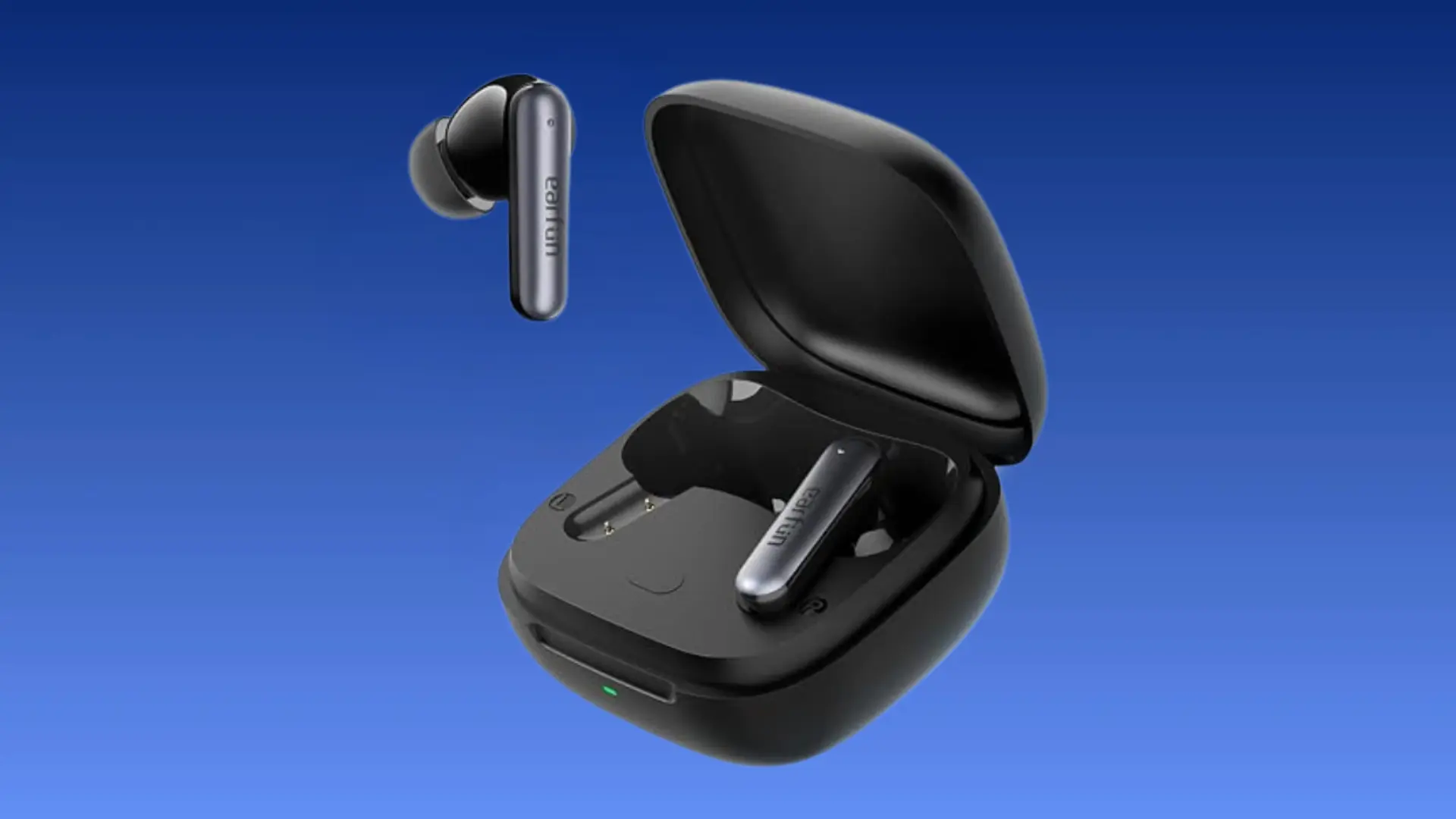 Black EarFun wireless earbud floating beside an open charging case holding the matching earbud, set against a blue gradient background