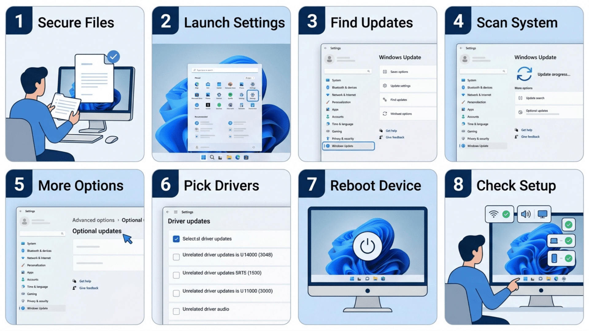eight step infographic showing how to update windows drivers through settings and device managerX