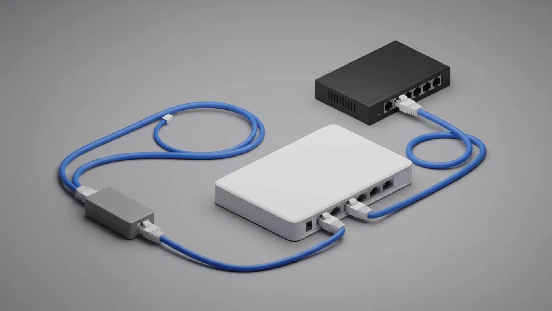 Ethernet cable connected to adapter, router port, and switch port components