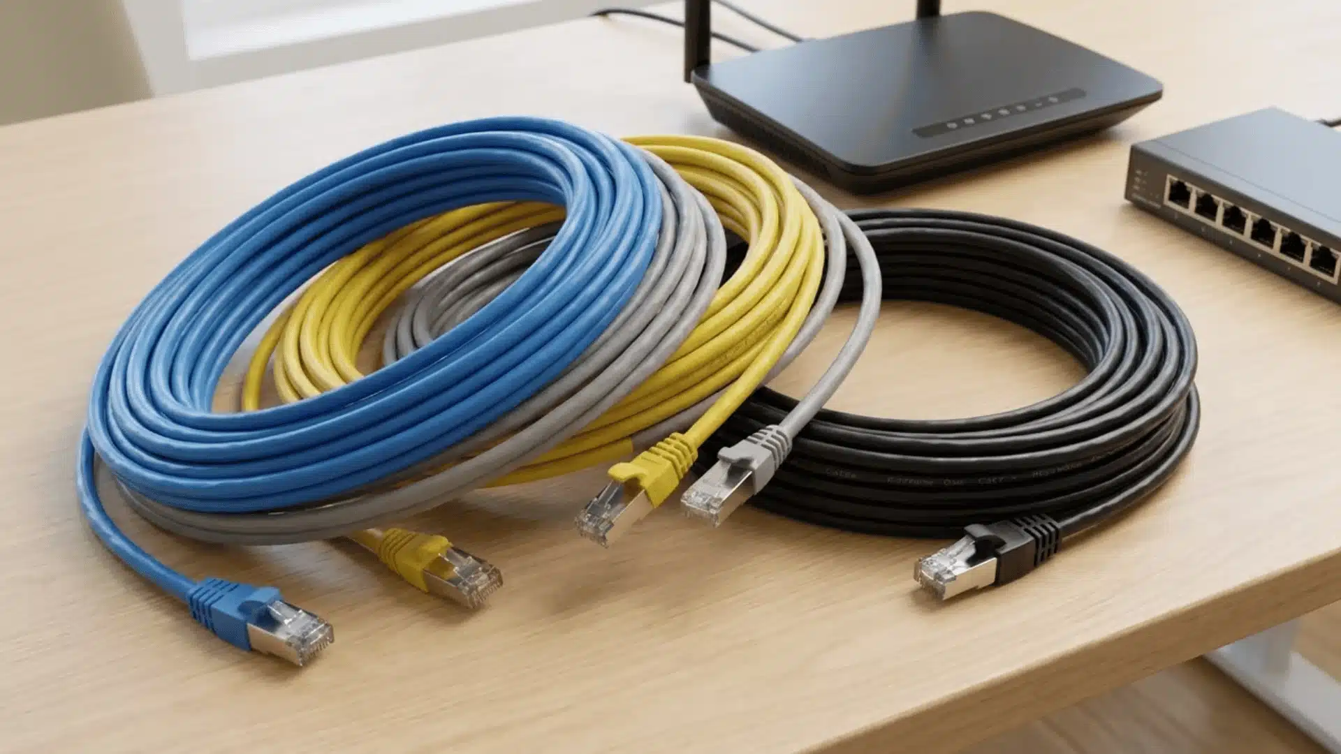 Ethernet cables arranged beside a router and network switch on a clean desk.