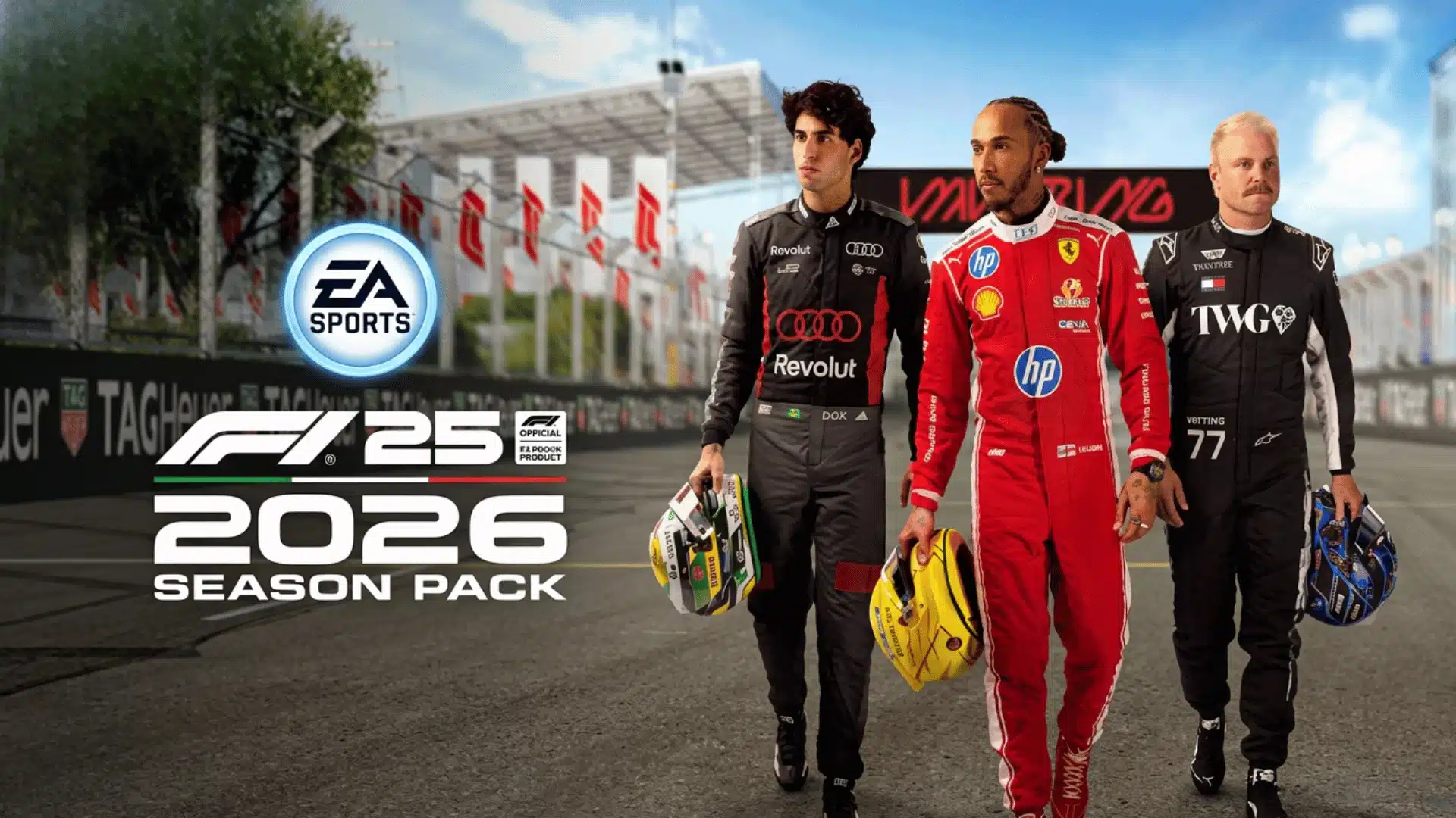 Formula 1 drivers in racing suits stand at a circuit with helmets, team branding, and F1 25 Season Pack graphics.