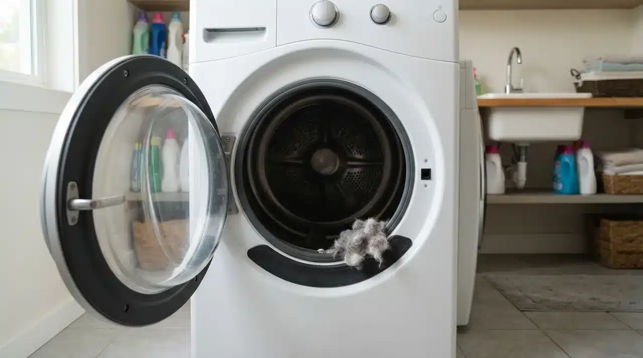 Dryer door slightly open with lint visible along the door seal