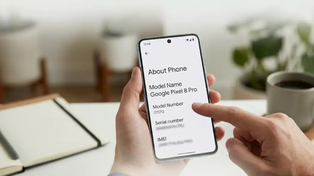 person holds a Google Pixel showing the "About Phone" screen with "Google Pixel 8 Pro" and model details highlighted