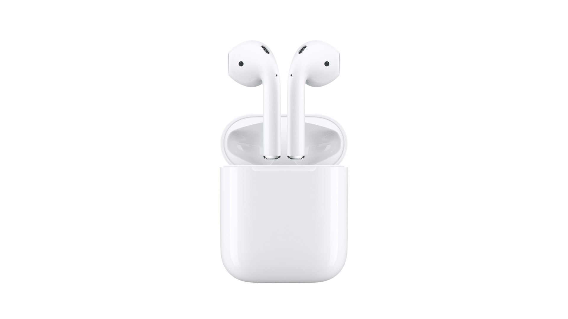first generation apple airpods with charging case displayed on clean white background in a simple product view