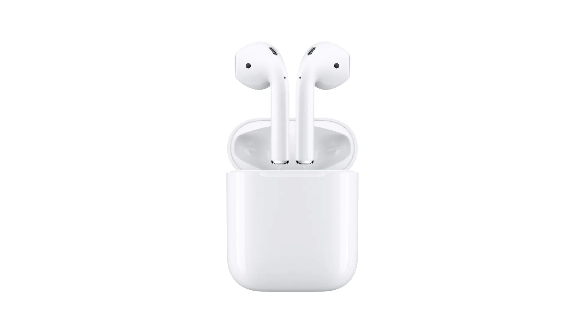 first generation apple airpods with charging case displayed on clean white background in a simple product view