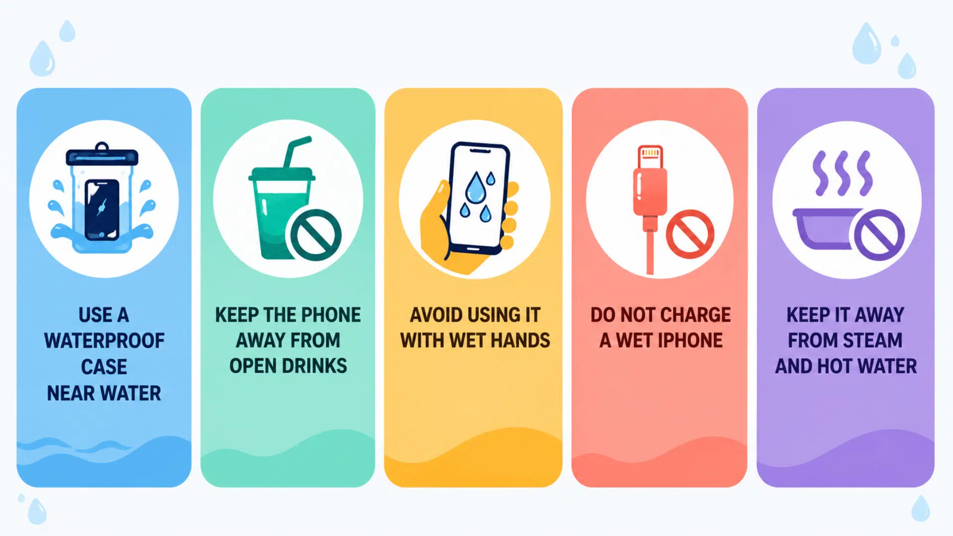 five panel infographic showing iphone water safety tips including waterproof cases dry hands and no charging