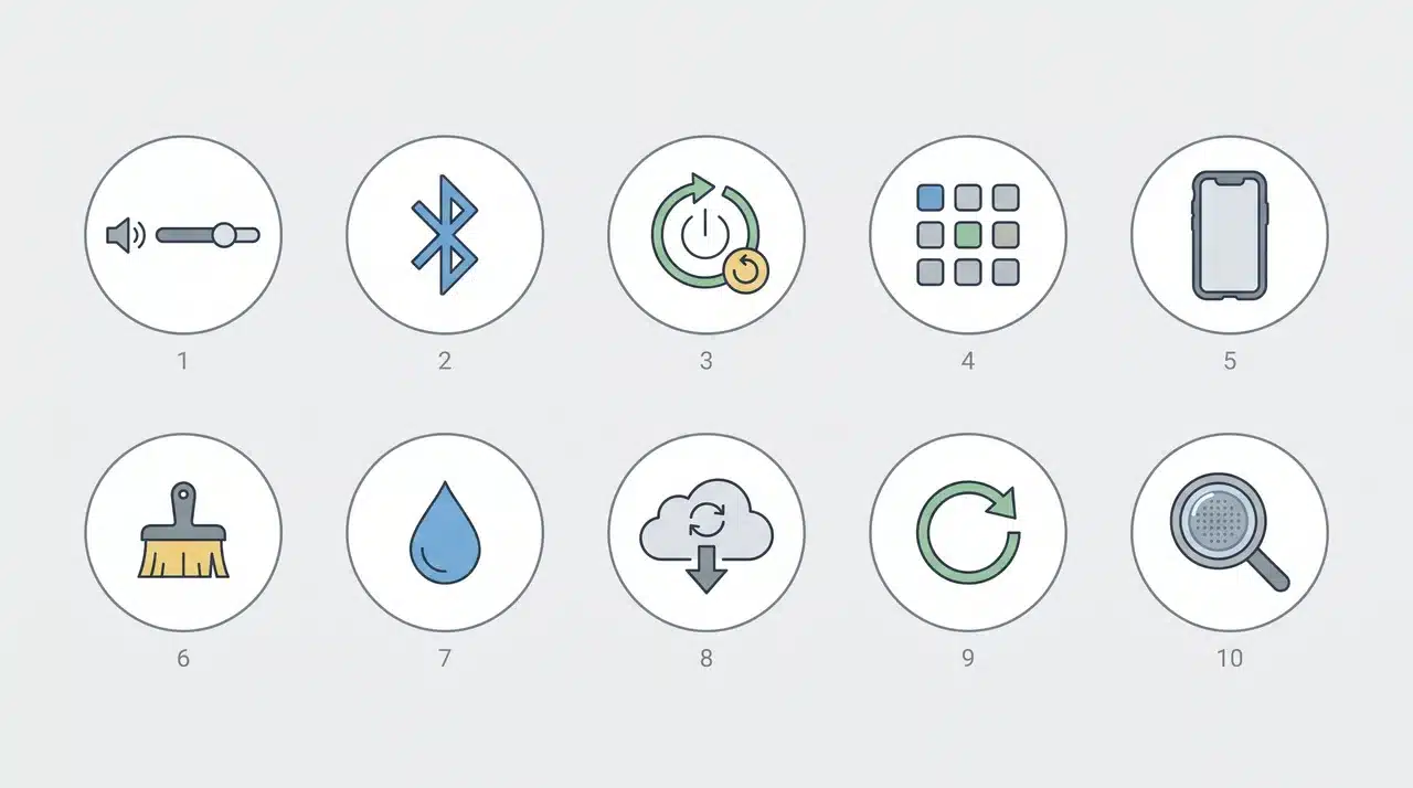 Ten icons showing phone speaker troubleshooting steps in sequence