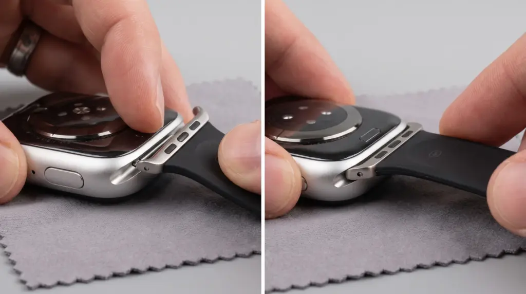 Apple Watch band connector being aligned with the case slot while the release button is pressed.