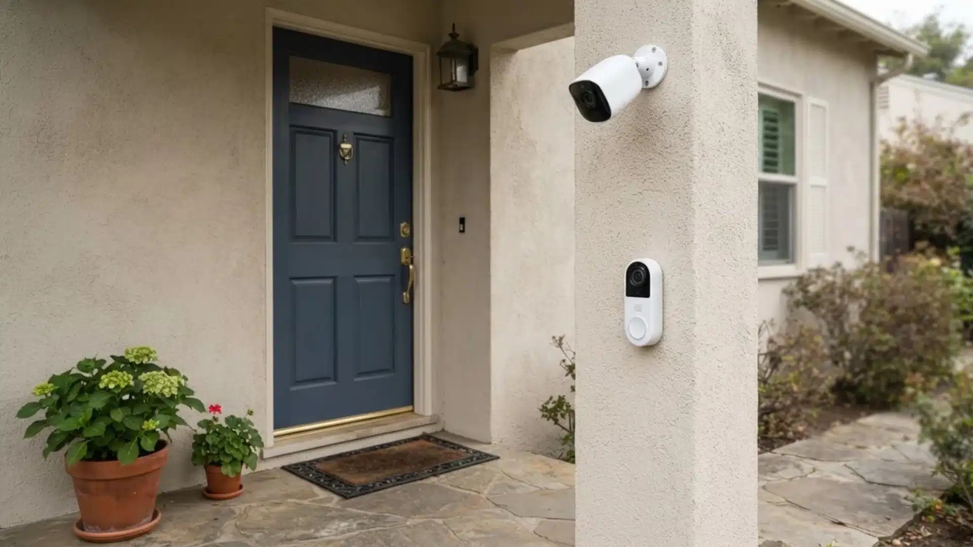Outdoor security camera and video doorbell mounted on a porch pillar near a front door.